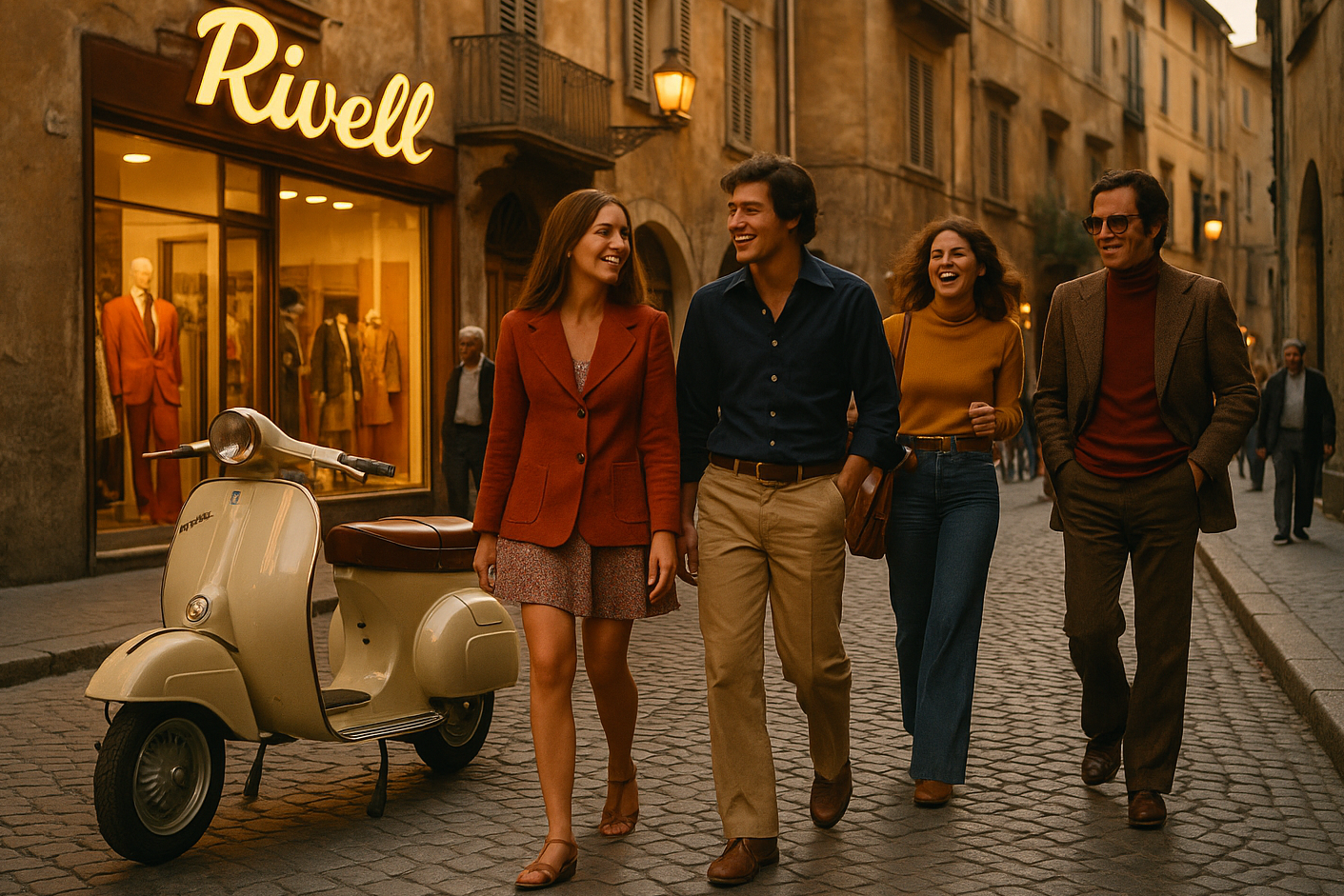 Włoska ulica lata 70, stylowy skuter, usmiechnieci ludzie, w tle sklep z ubraniami z szyldem Rivell